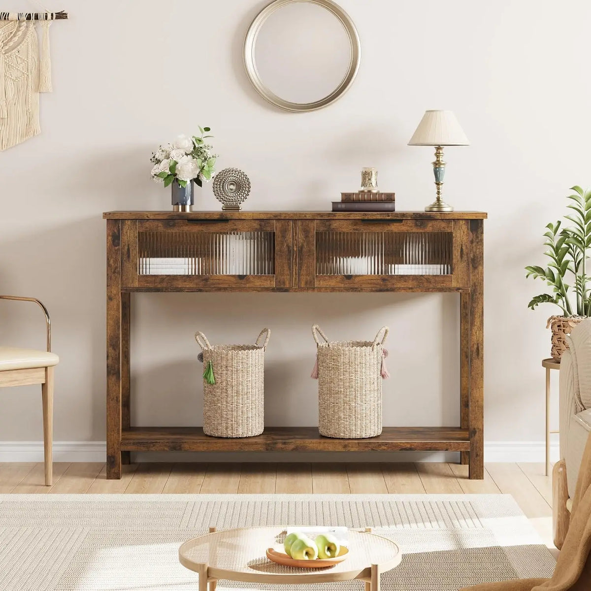 Narrow Console Table with Glass-Front Drawers