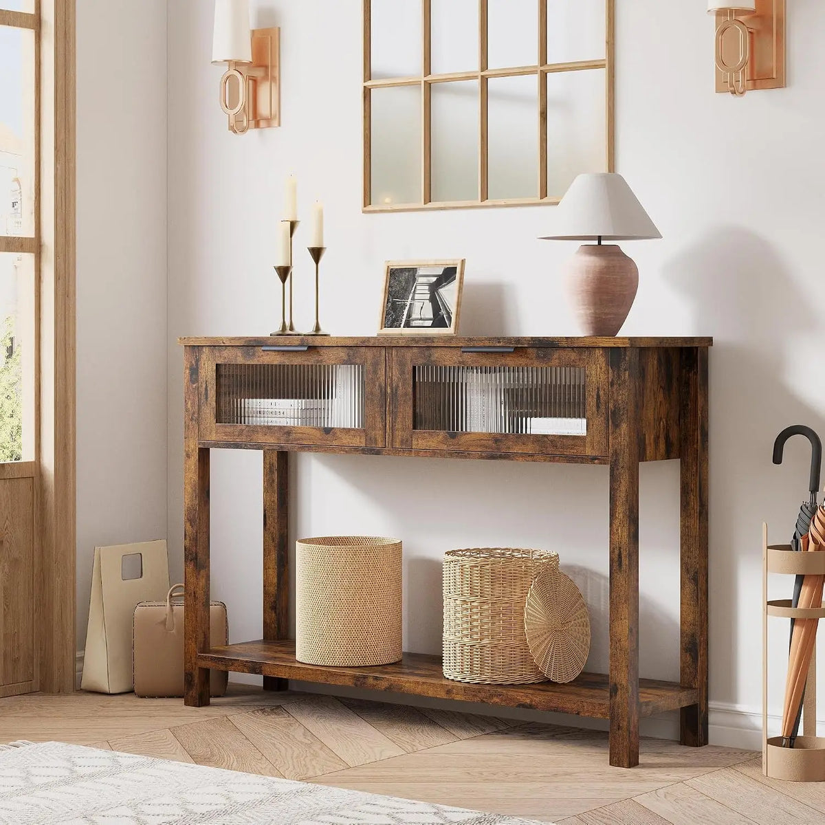 Narrow Console Table with Glass-Front Drawers
