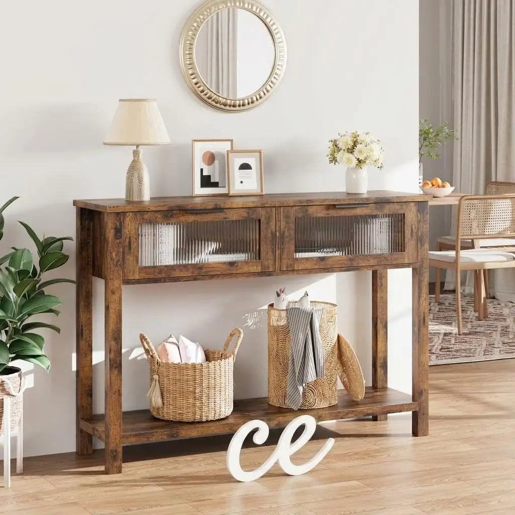 Narrow Console Table with Glass-Front Drawers