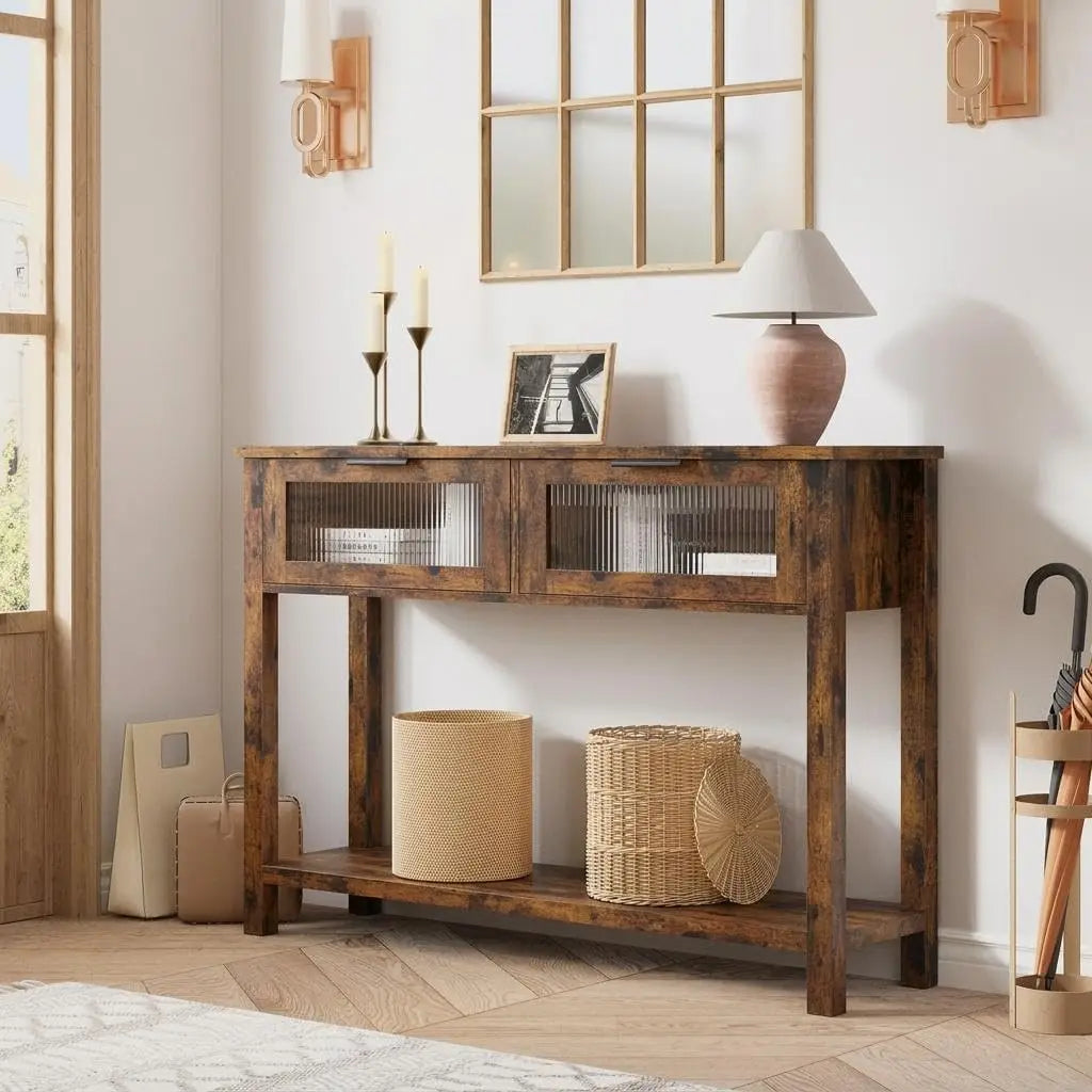Narrow Console Table with Glass-Front Drawers