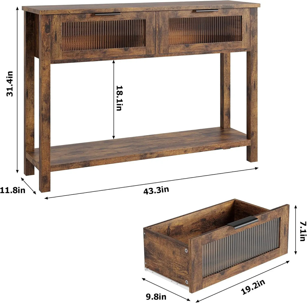 Narrow Console Table with Glass-Front Drawers