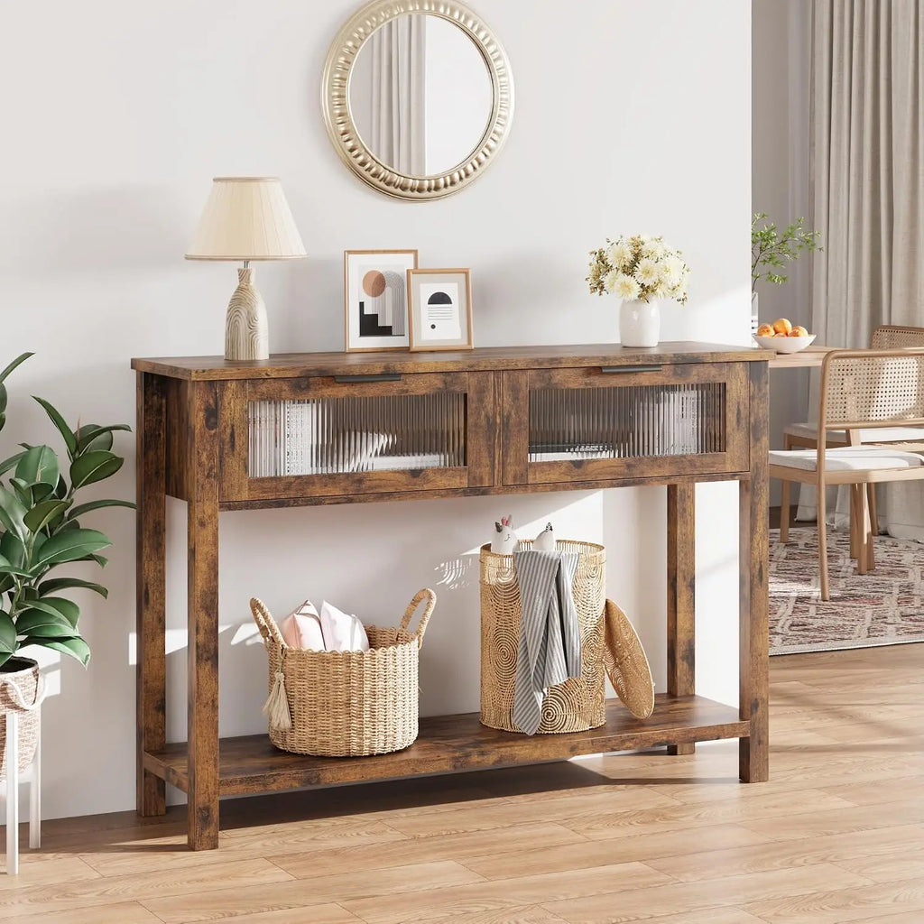 Narrow Console Table with Glass-Front Drawers