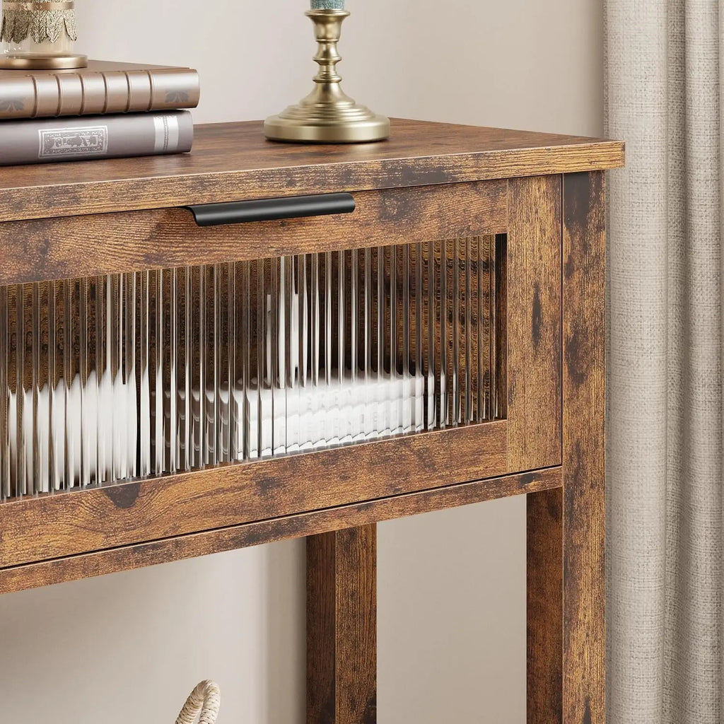 Narrow Console Table with Glass-Front Drawers